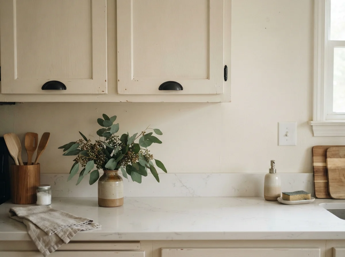 Close-up of painted shaker cabinet doors with matte black handles and a small vase of eucalyptus.
