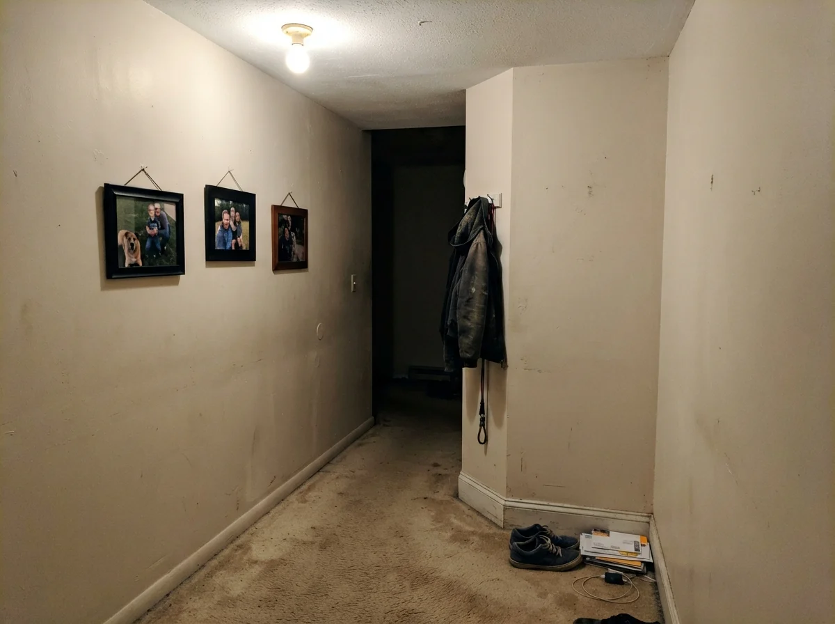 Unflattering windowless hallway corner with muddy wall under a single ceiling light.