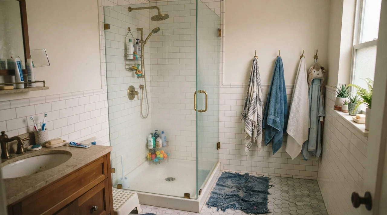 Bathroom with painted upper walls above white subway wainscot and brass fixtures.