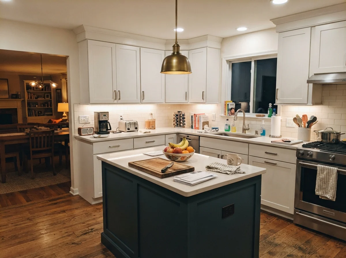 Kitchen island painted cream surrounded by white cabinets under warm evening lights.