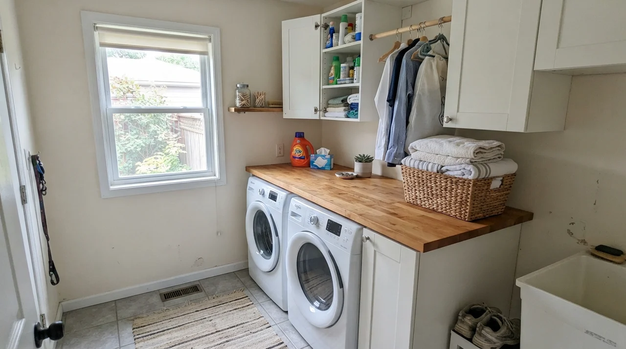 Bright laundry room with butcher-block counter over washer and dryer and painted walls.
