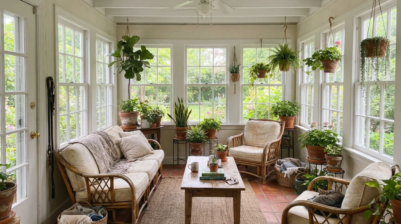 Sunroom with white-framed windows, rattan furniture, and terracotta pots.