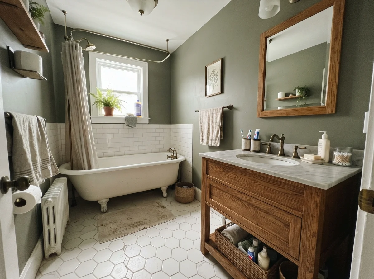 Cottage bathroom featuring a white clawfoot tub and warm oak vanity against Dried Thyme walls.