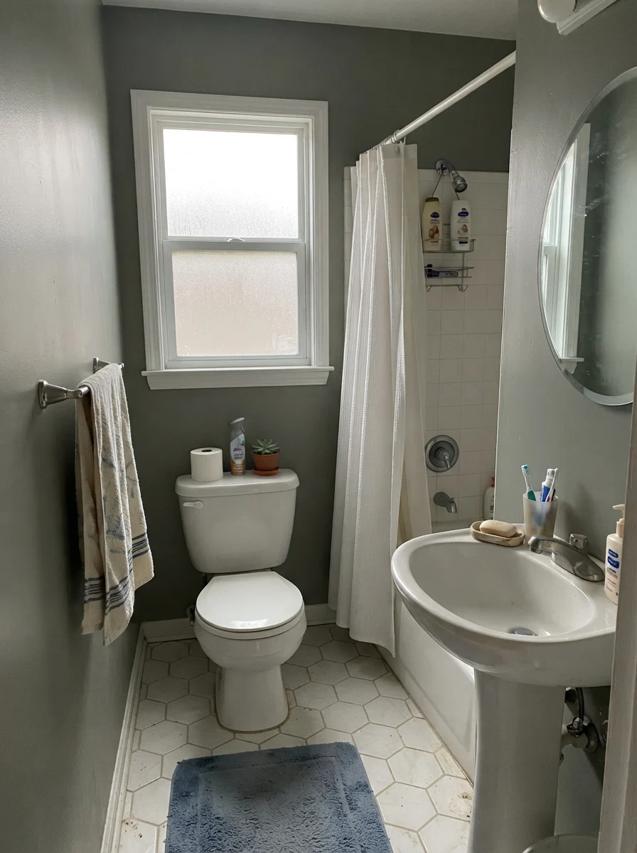 Small bathroom under flat overcast daylight showing the paint shifting to a slate gray-green.