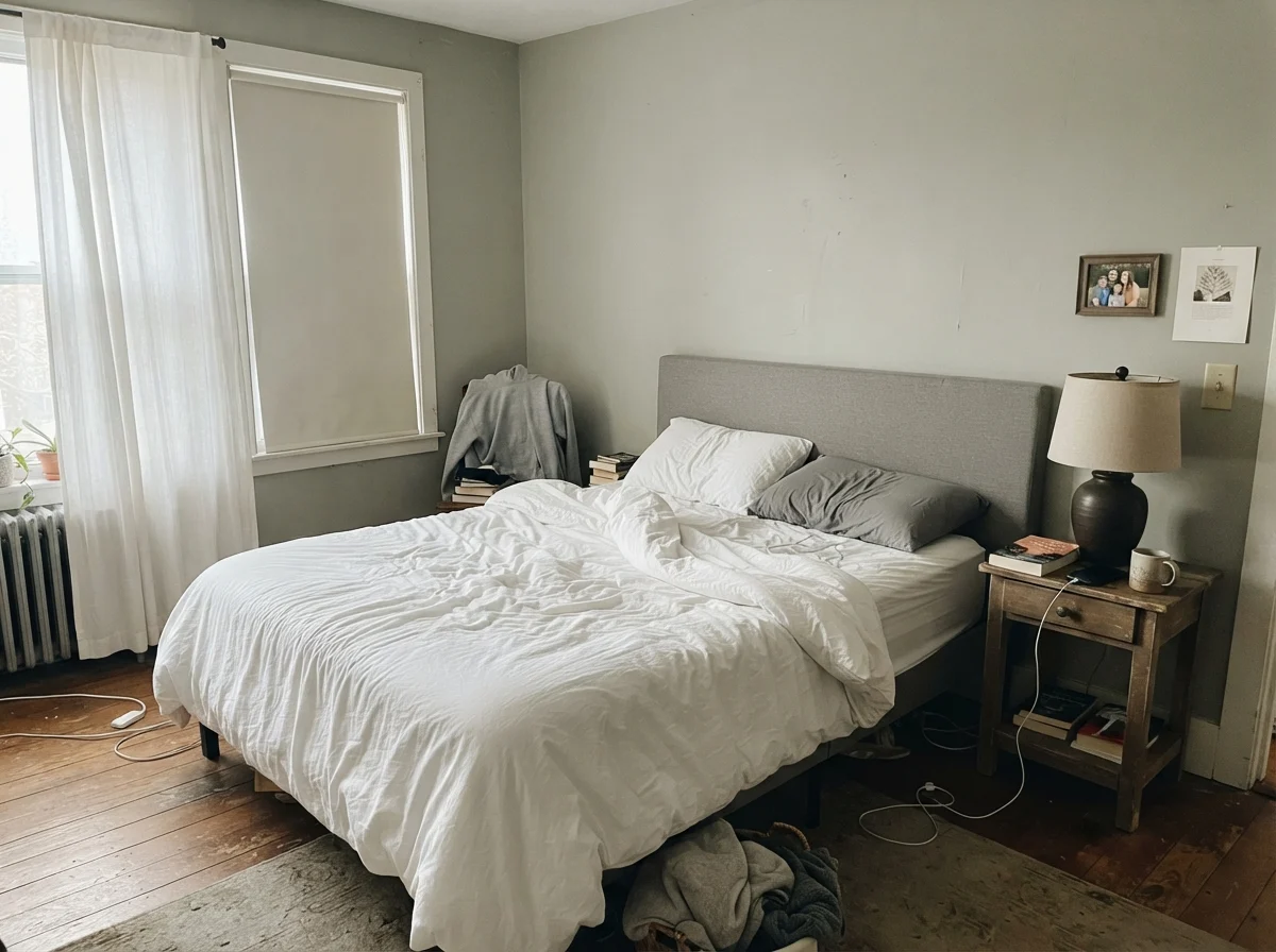Bedroom with unmade white bedding, wood nightstand, and cool morning light against muted sage walls.