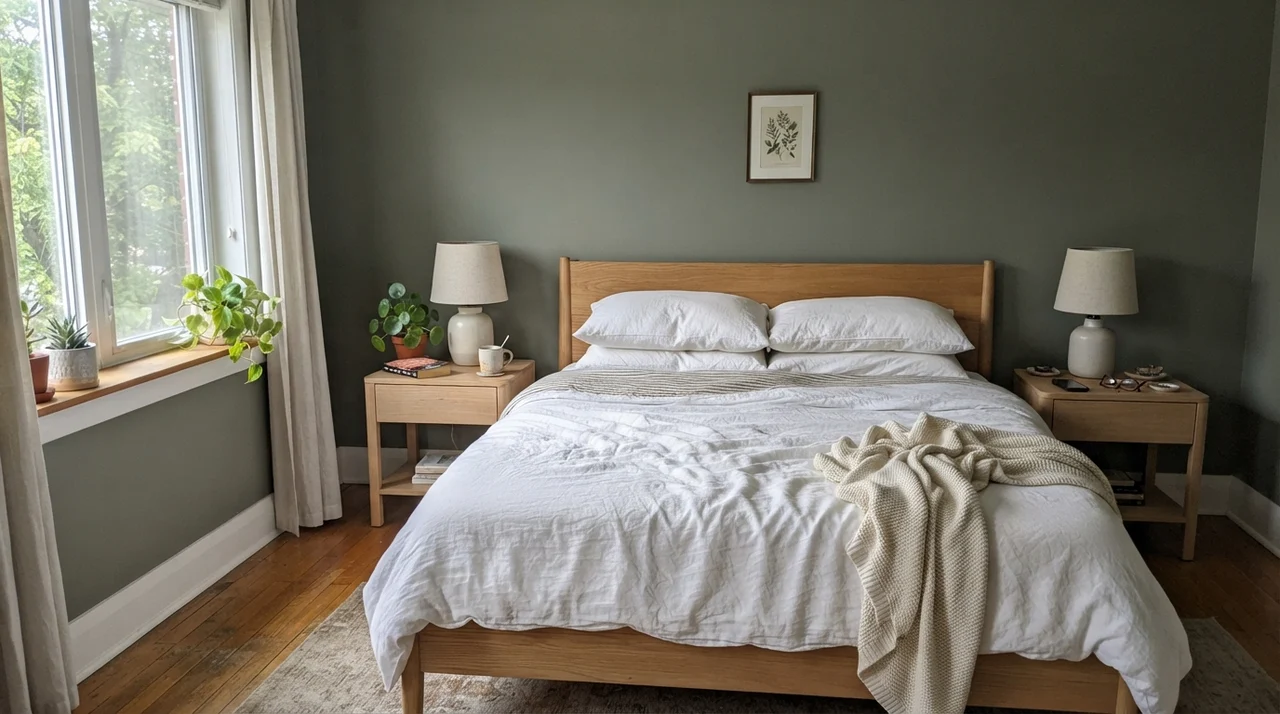 Main bedroom with white linen bedding and Dried Thyme walls in soft morning light.