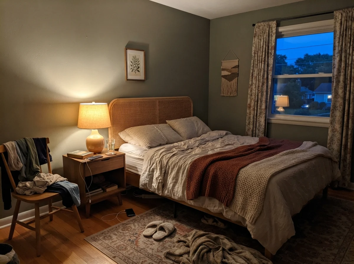 Bedroom with rattan headboard lit by a warm bedside lamp casting an olive glow on the dark green wall.