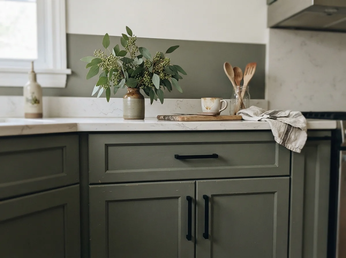 Close-up of shaker cabinet doors painted in dark sage with matte black pulls.