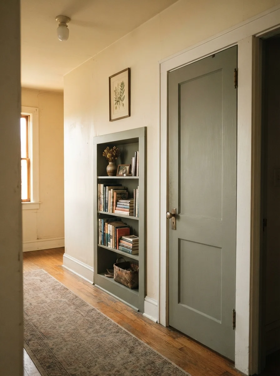Two-panel interior door and built-in bookshelf painted dark sage green in an older hallway.