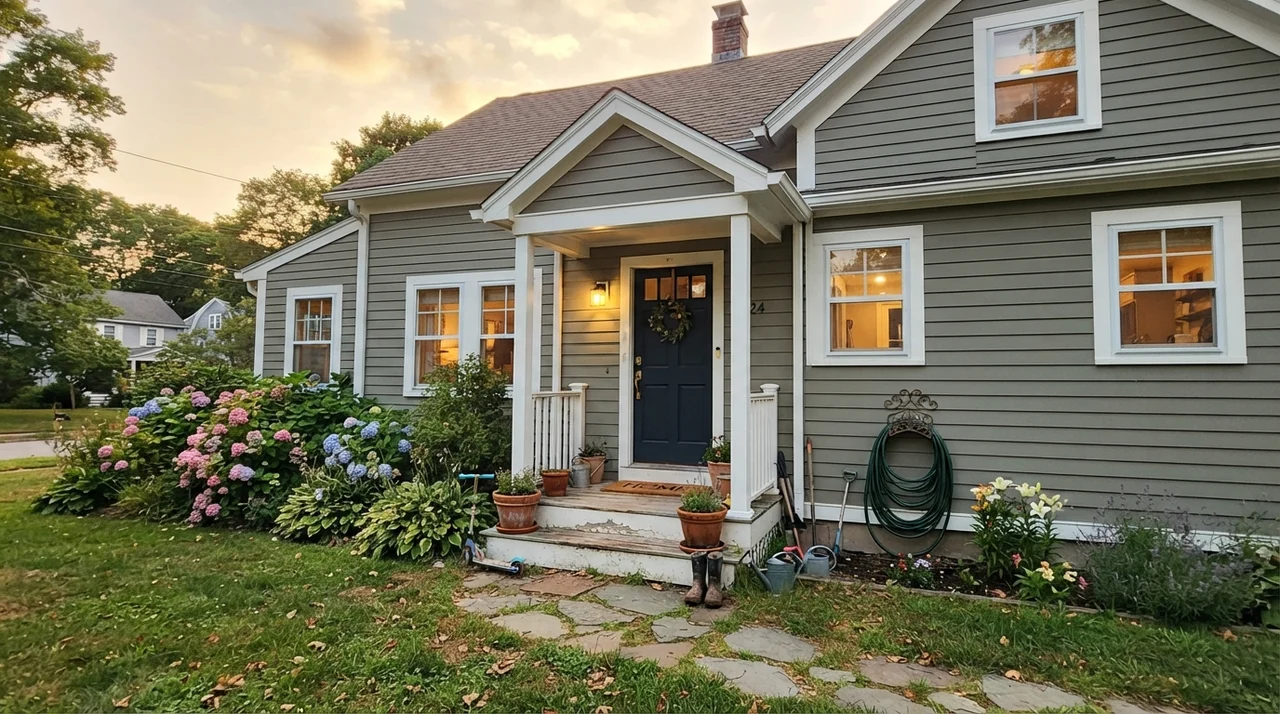 House exterior with horizontal sage green siding, white trim, and a navy blue door.