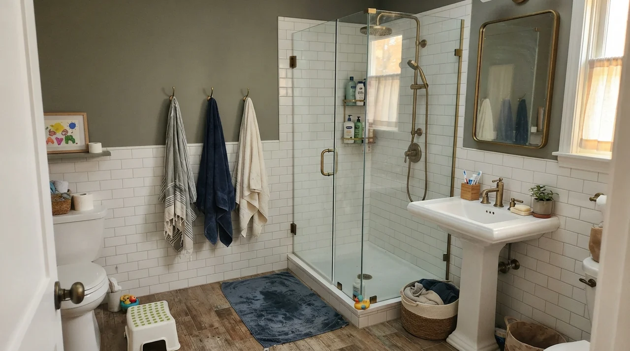 Family bathroom with upper walls painted dark sage green above white subway tile wainscoting with brass fixtures.