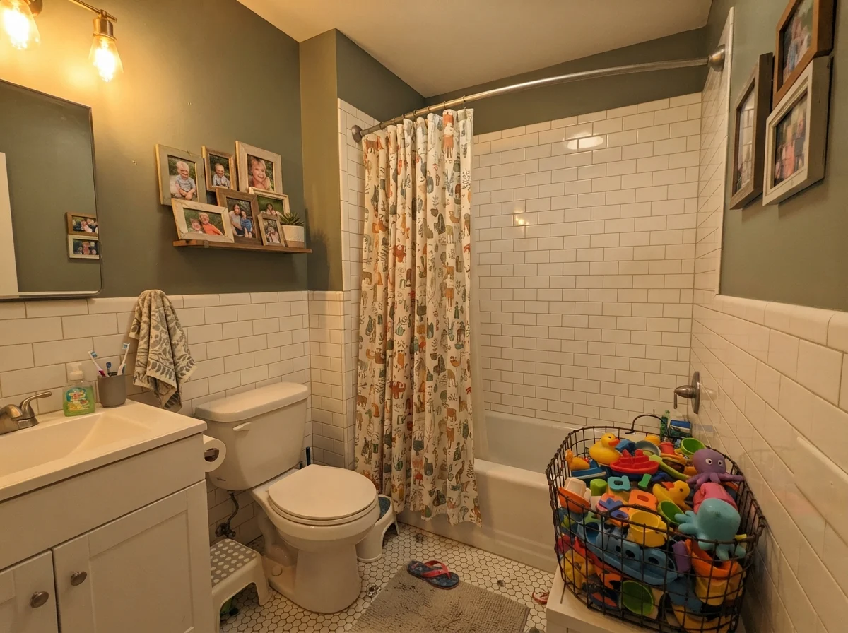 Kids' bathroom with white subway tile wainscot, colorful bath toys, and dark green upper walls.