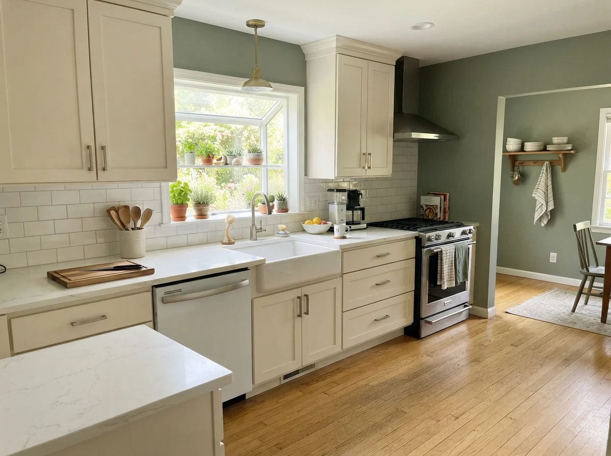 Kitchen shaker cabinets painted in Dried Thyme with white counters and light oak flooring.