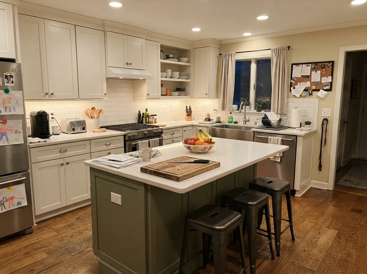 Kitchen island painted in Dried Thyme surrounded by perimeter white cabinets and warm ceiling lights.
