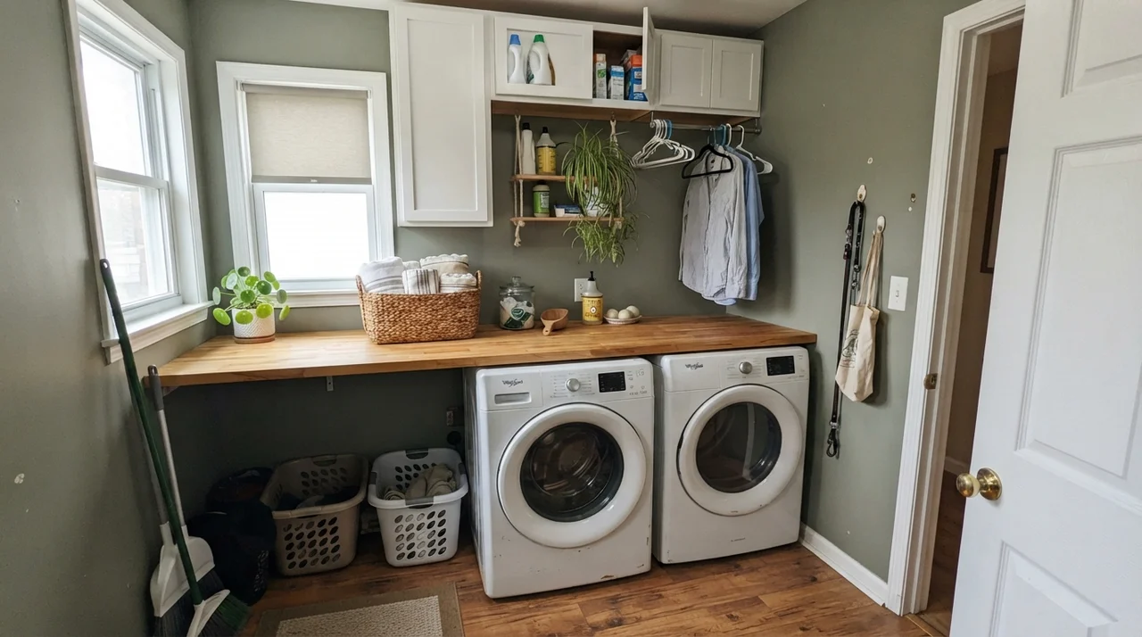 Bright laundry room with butcher block countertop and dark sage green walls.
