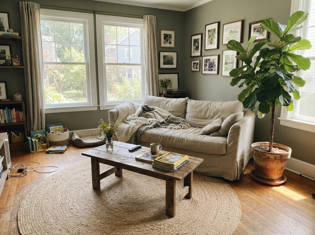 Bright living room with walls in Dried Thyme, jute rug, and wood coffee table under direct sunlight.