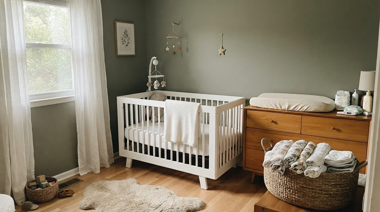 Nursery with white crib, light wood dresser, and soft green walls.