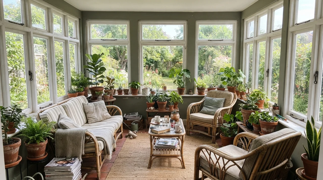 Sunroom with white window frames, lush houseplants, and dark sage walls.