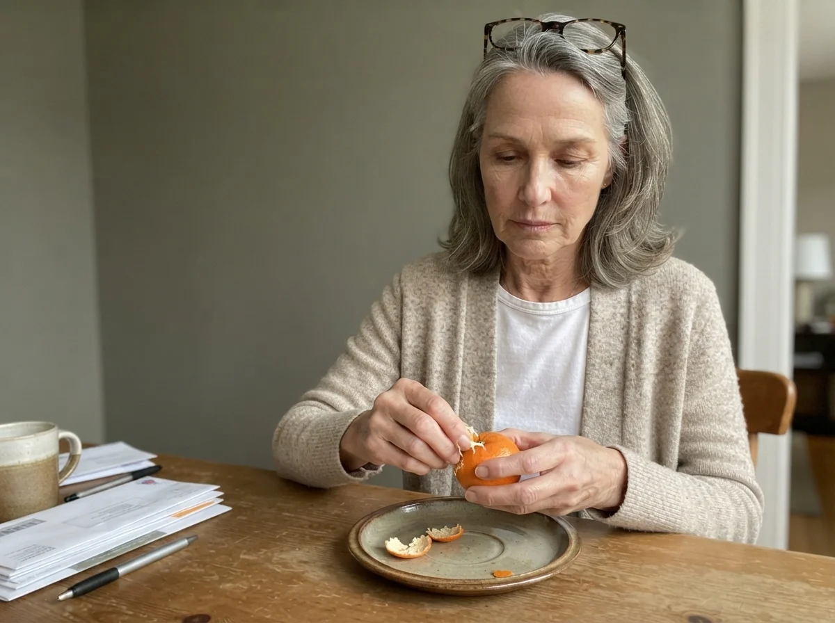 Susan Hartley at a dining table peeling a clementine against Dried Thyme painted walls.