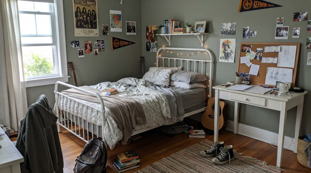 Teenager bedroom with white desk and metal bed frame against dark sage walls.