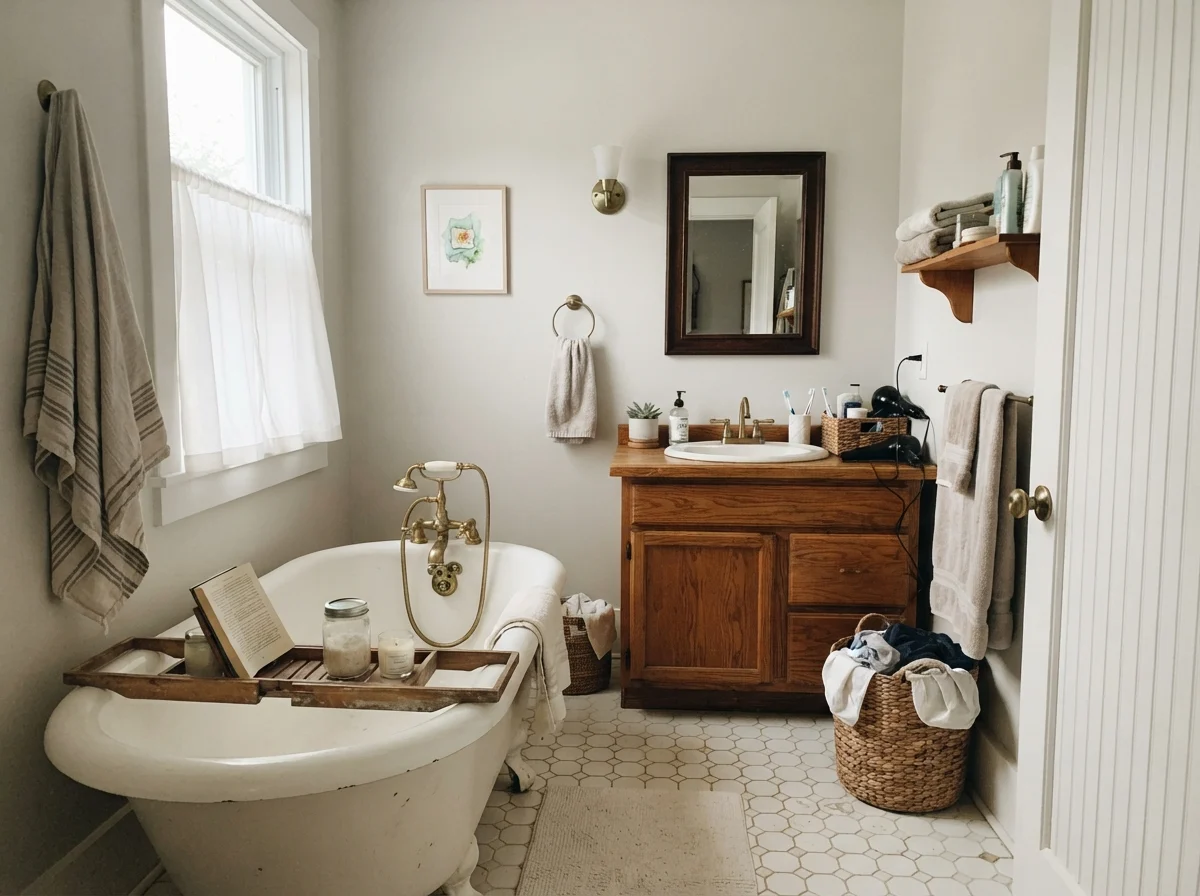 Cottage bathroom featuring white clawfoot tub, warm oak vanity, and painted Drift of Mist walls.