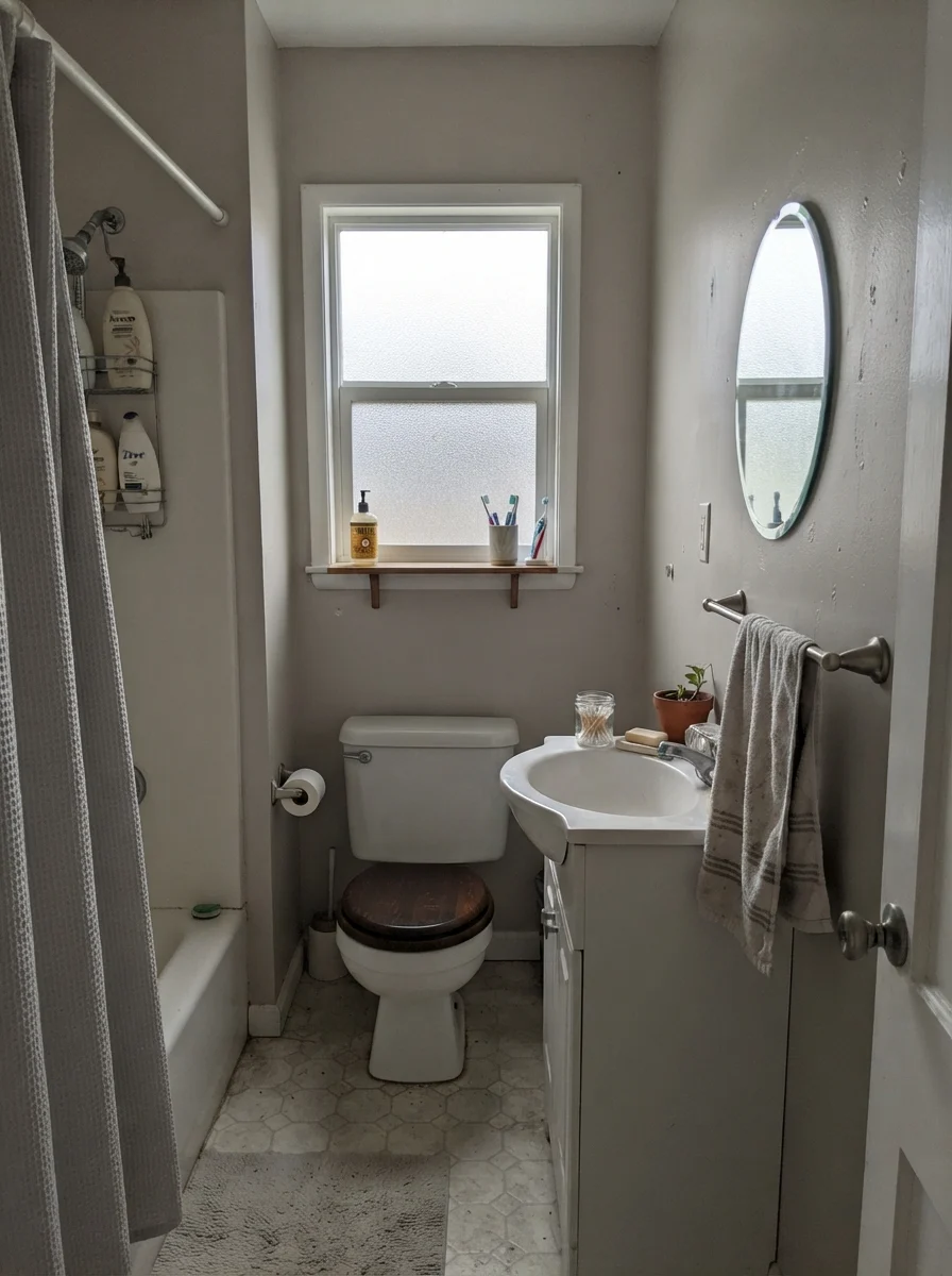 Small bathroom with flat lighting showing the cooler, grayer side of Drift of Mist paint.
