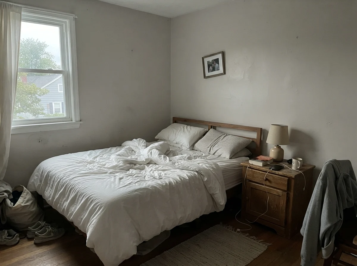 Simple bedroom in cool morning daylight showing walls painted in pale Drift of Mist with unmade white bedding.