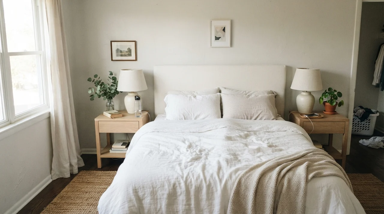 Main bedroom with Drift of Mist painted walls, pale oak nightstands, and crisp white linen bedding.