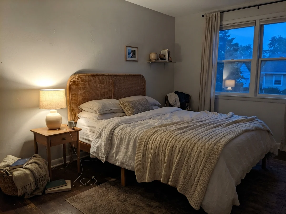 Bedroom at dusk with a glowing warm lamp highlighting the soft beige tones of Drift of Mist on the wall.