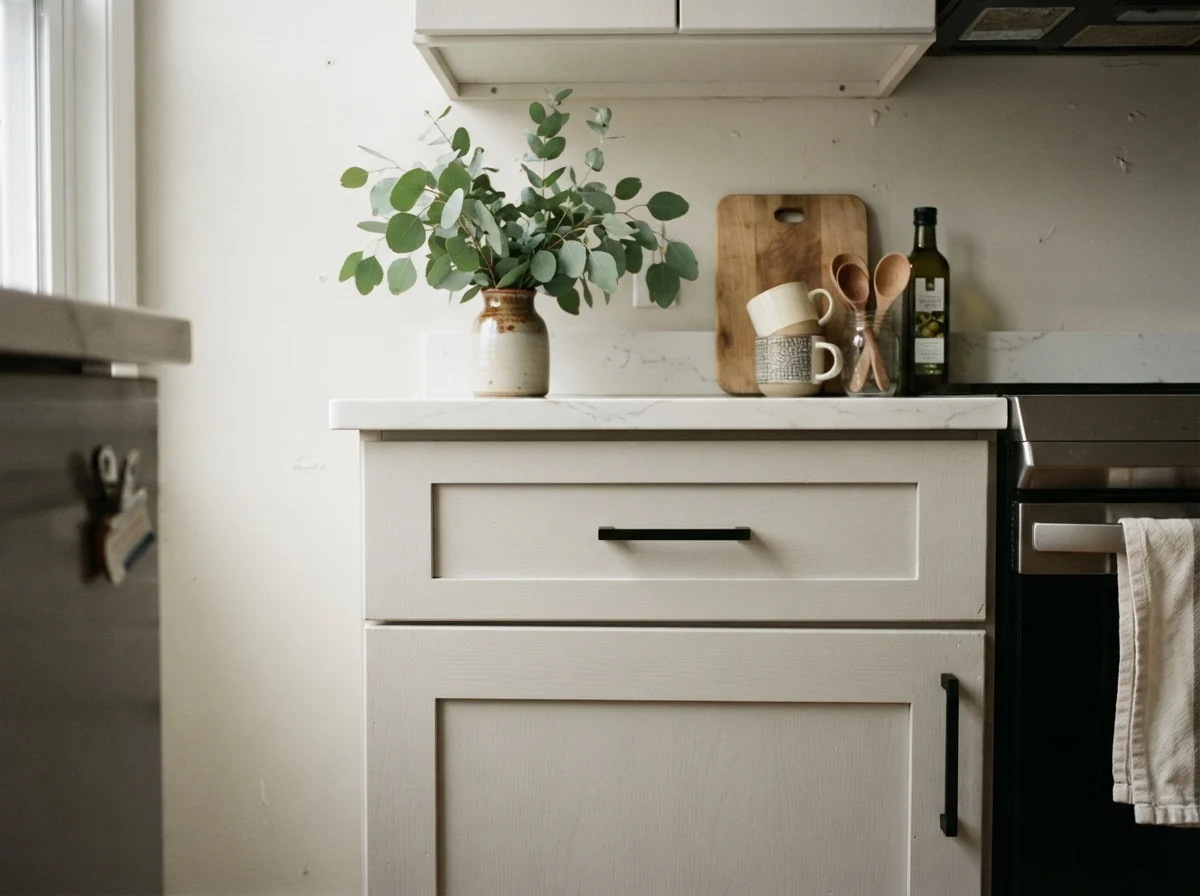 Close-up view of painted cabinet doors in satin Drift of Mist with matte black pull handles.