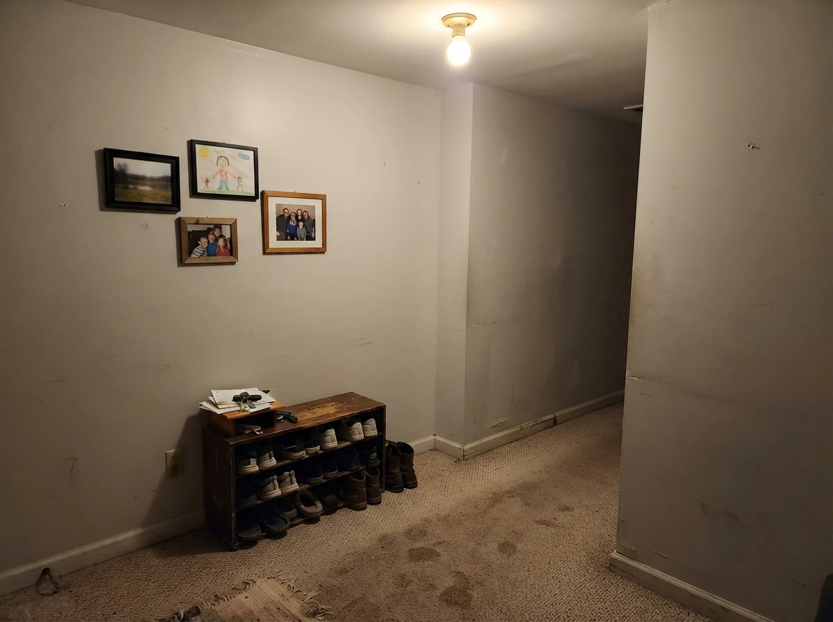 Windowless dark hallway corner showing Drift of Mist looking muddy and flat under dim lighting.