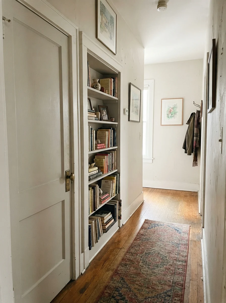 Hallway featuring built-in bookshelf and interior door painted in Drift of Mist against cream walls.