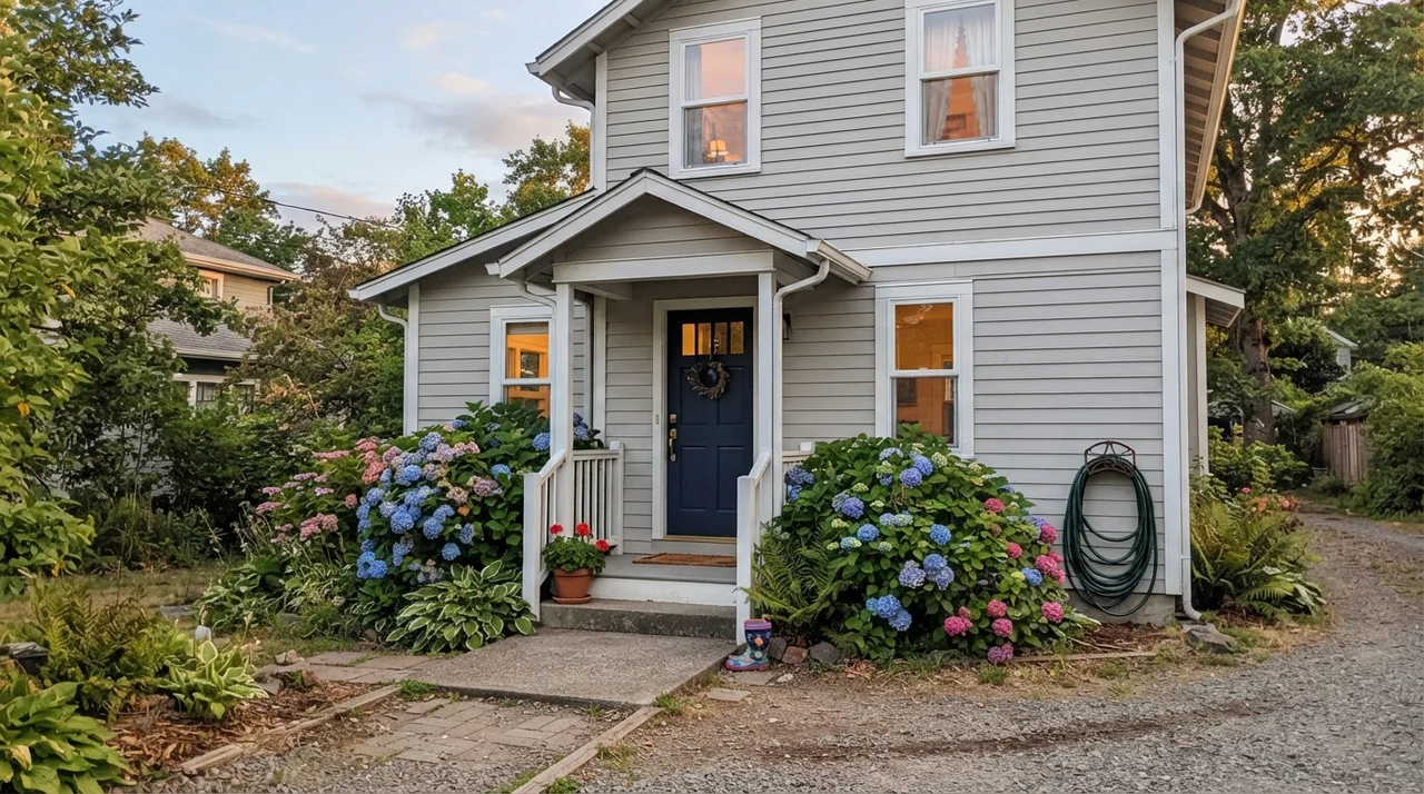 House exterior with horizontal siding painted in Drift of Mist with white trim and dark navy front door.