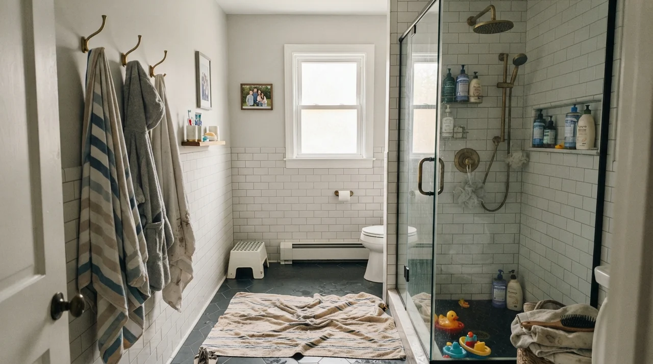 Family bathroom with upper walls painted in Sherwin-Williams Drift of Mist above white subway tile wainscoting with brass fixtures and glass shower door.