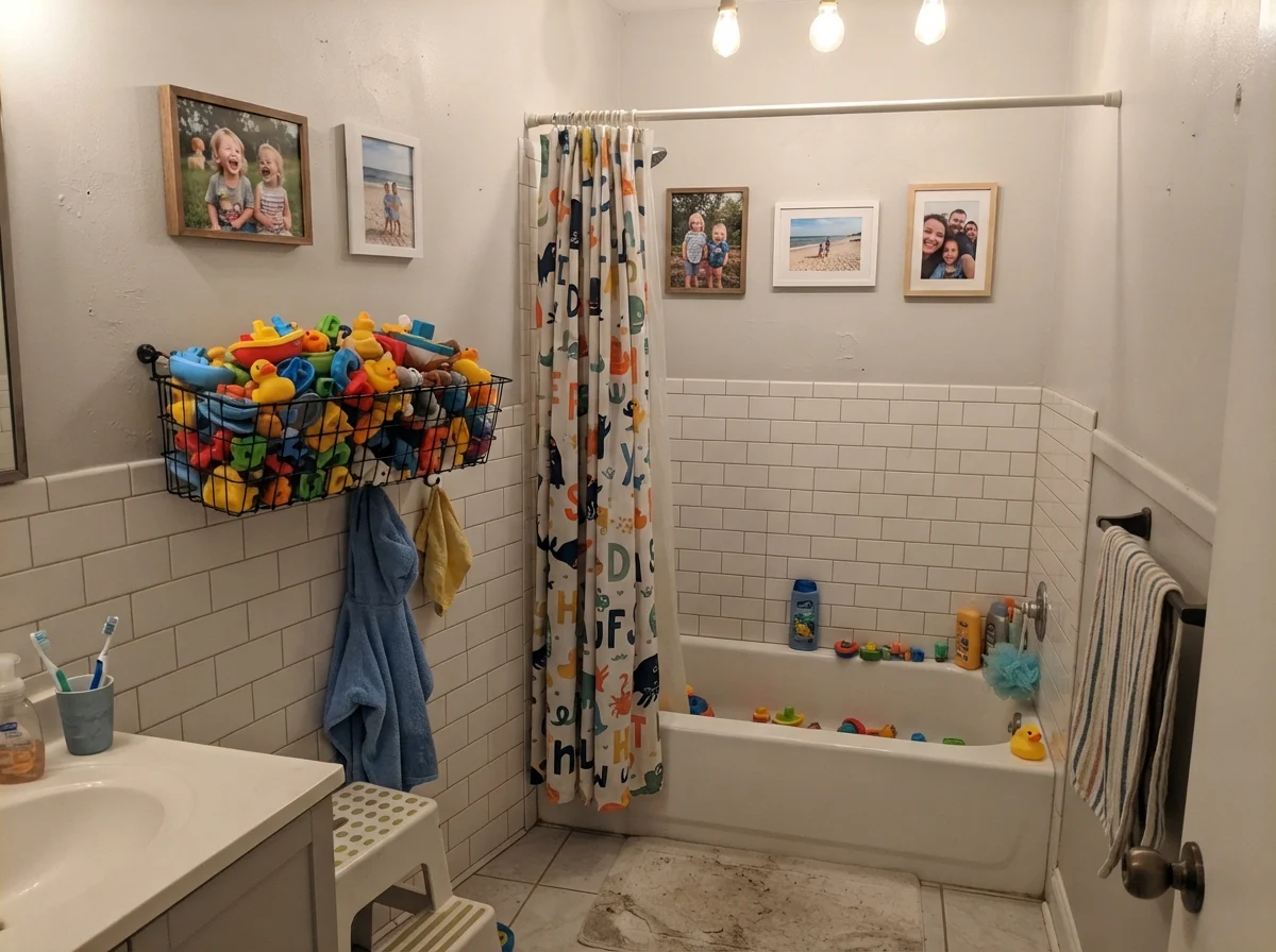 Kids bathroom with painted walls over white subway tile wainscot and wire basket of bath toys.