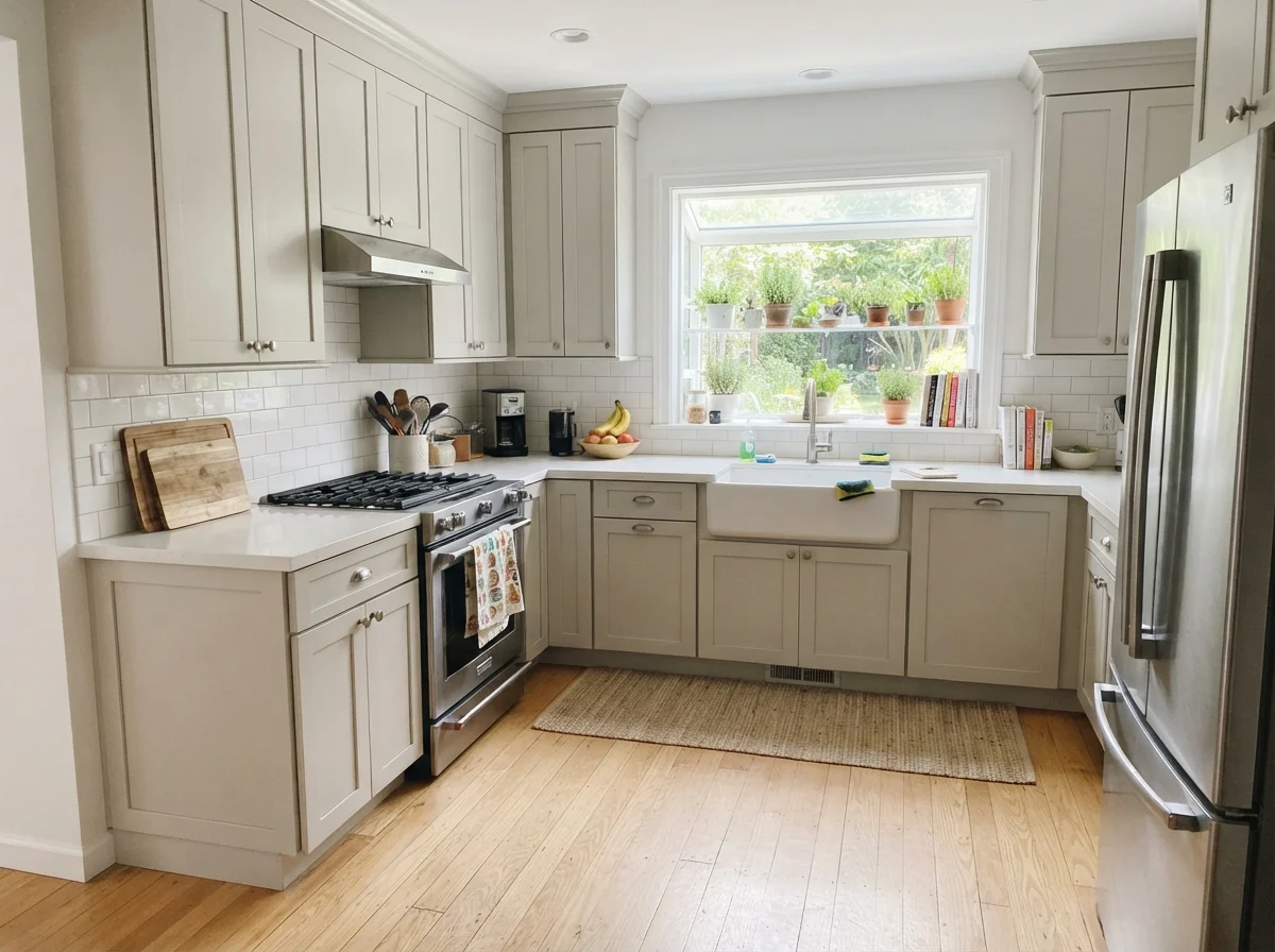 Kitchen shaker cabinets painted in Drift of Mist with white subway backsplash and oak floors.