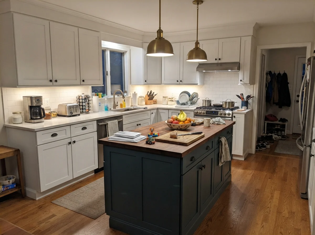 Kitchen island painted in Drift of Mist with surrounding white cabinetry under warm lighting.