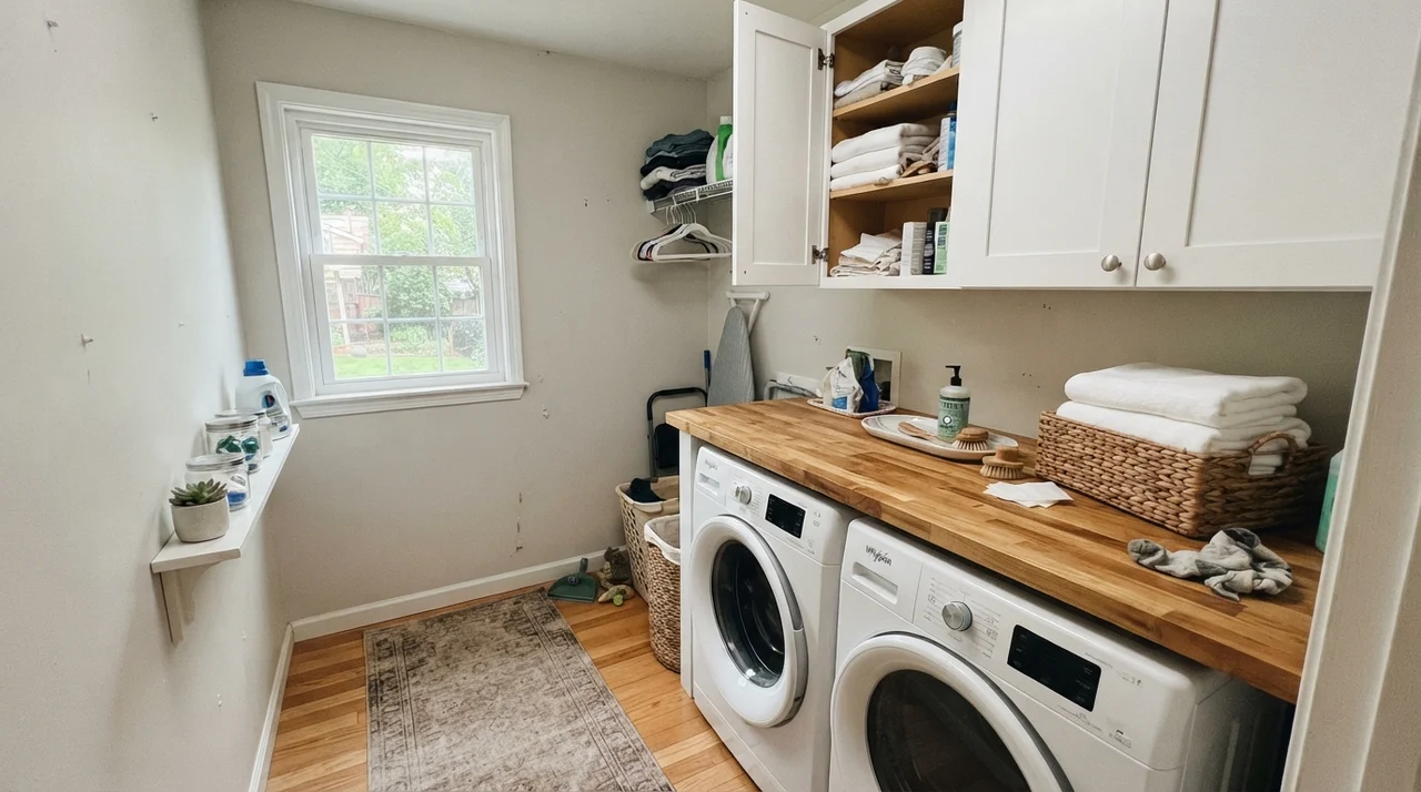 Bright laundry room with butcher-block counter, white cabinets, and soft greige Drift of Mist walls.