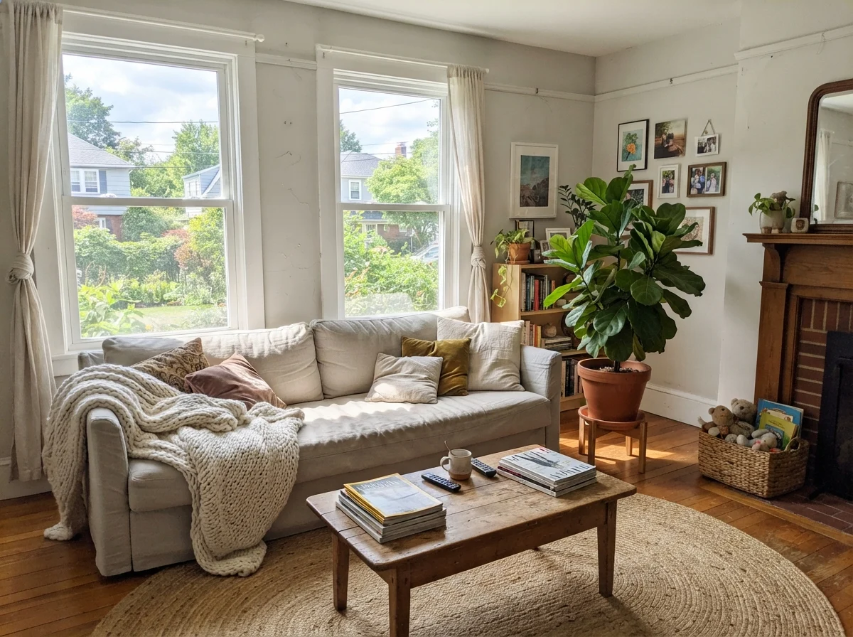Sunlit living room with Drift of Mist walls, linen sofa, wood coffee table, and large potted plant.