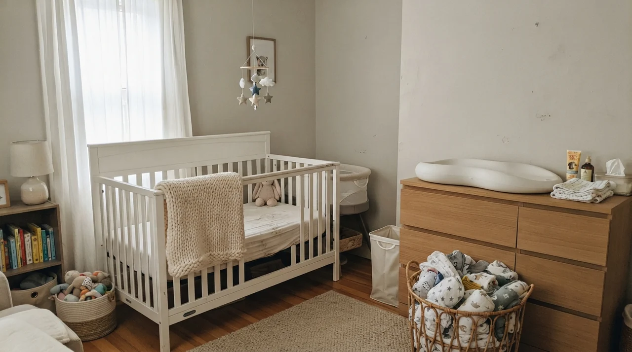 Nursery with light wood dresser, white crib, and walls painted in gentle Sherwin-Williams Drift of Mist.