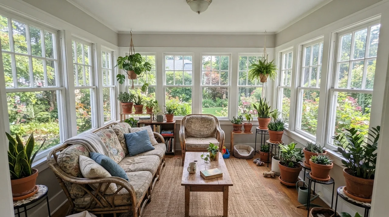 Sunroom with white window casings, terracotta planters, and walls painted in Sherwin-Williams Drift of Mist.