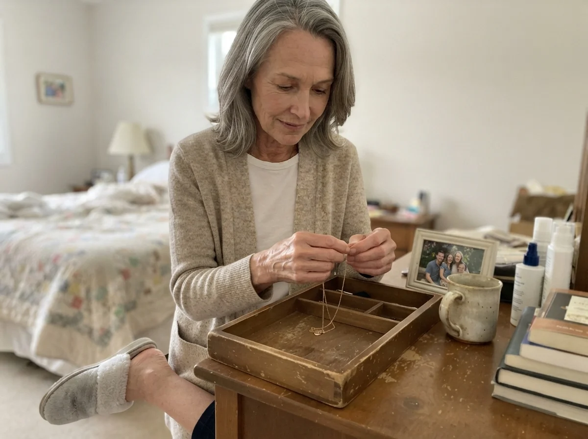Susan Hartley untangling a necklace in a bedroom with walls painted in Sherwin-Williams Drift of Mist.