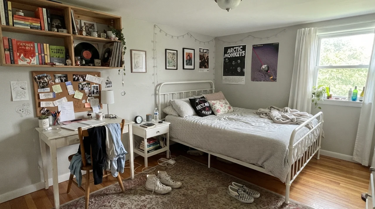 Teen bedroom with white metal bed frame, study desk, and walls painted in soft greige Drift of Mist.