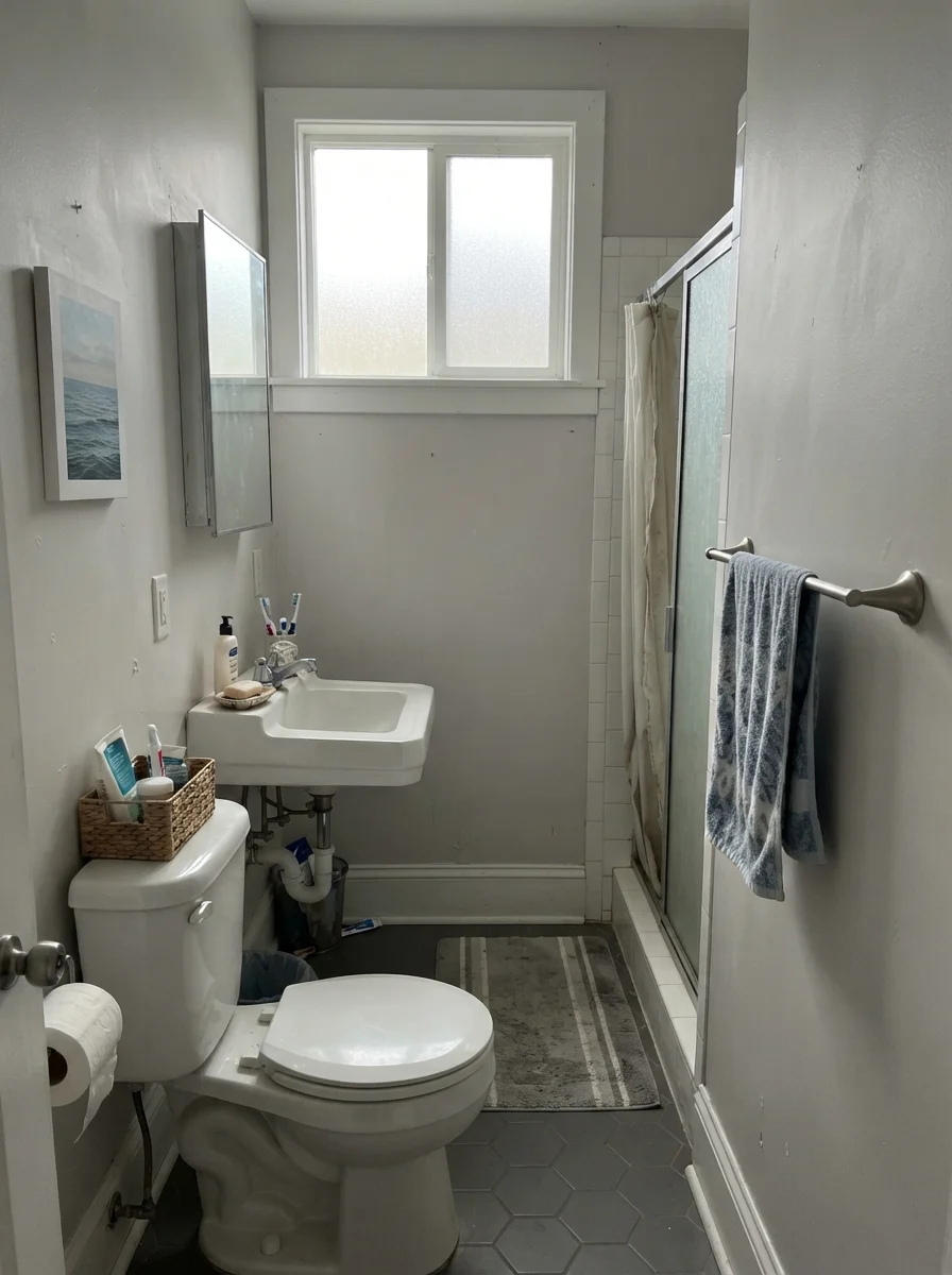 Small bathroom with painted walls looking flat and gray under overcast daylight through frosted glass.