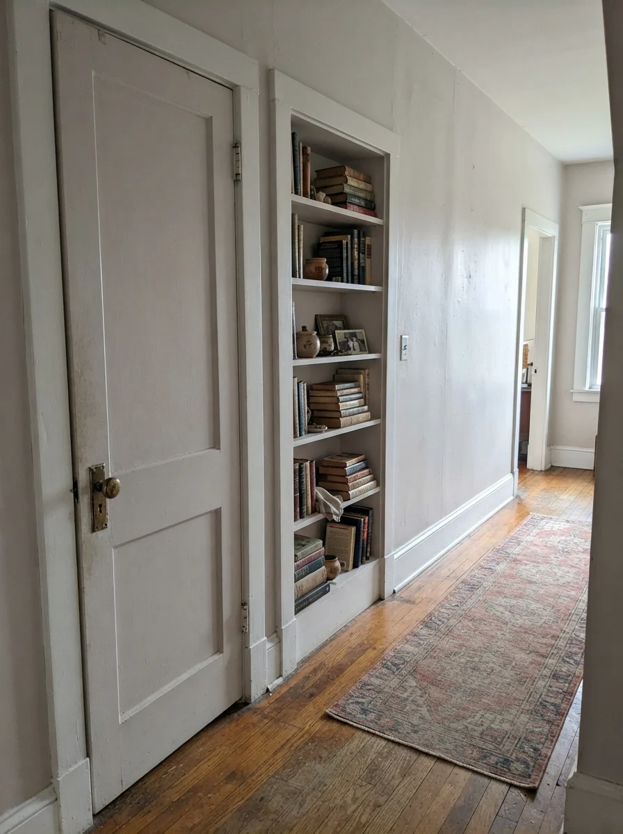 Older hallway with an interior door and built-in bookshelf painted in Eider White against cream walls.