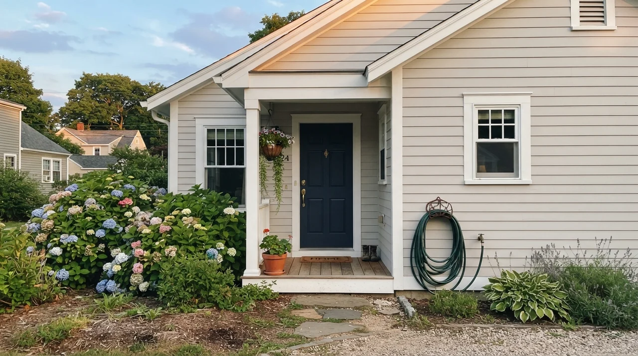 House exterior with siding painted in Eider White, white trim, dark navy door, and small front porch.