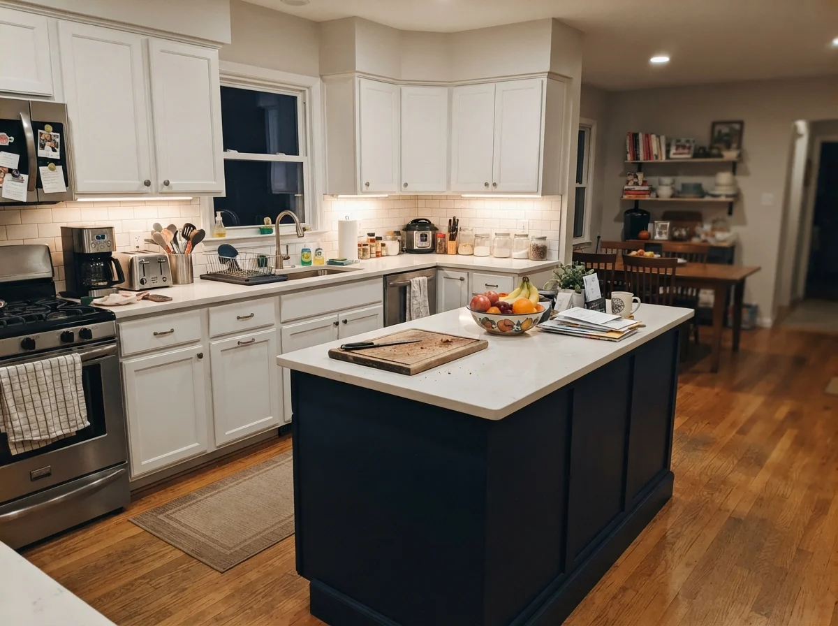 Kitchen island painted in Eider White surrounded by white cabinets, cutting board, and fruit bowl under warm lighting.
