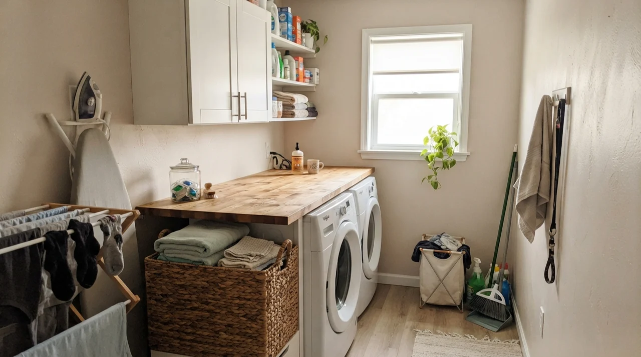 Bright laundry room with painted walls, white cabinets, and butcher-block counter over washer and dryer.