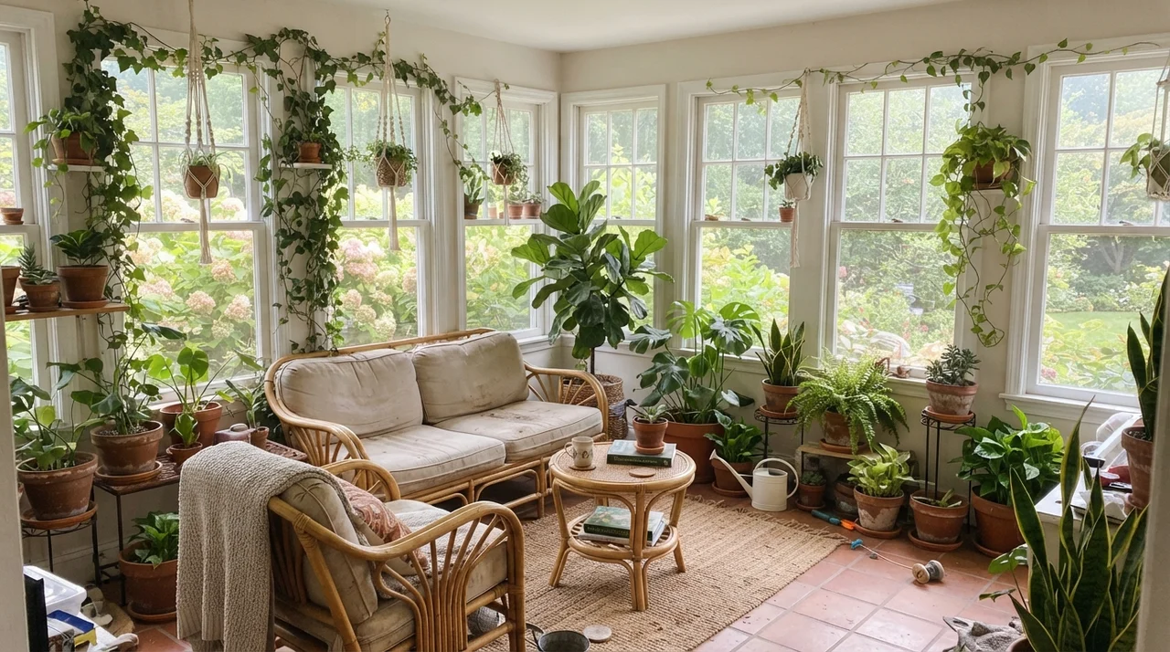 Sunroom with white-framed windows, rattan furniture, potted plants, and painted wall sections.