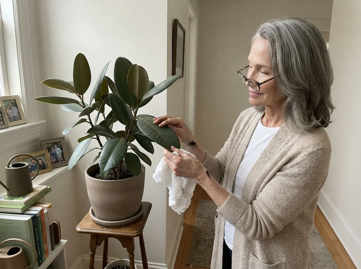 Susan Hartley wiping plant leaves with a damp cloth in a light-filled hallway painted in Sherwin-Williams Eider White.